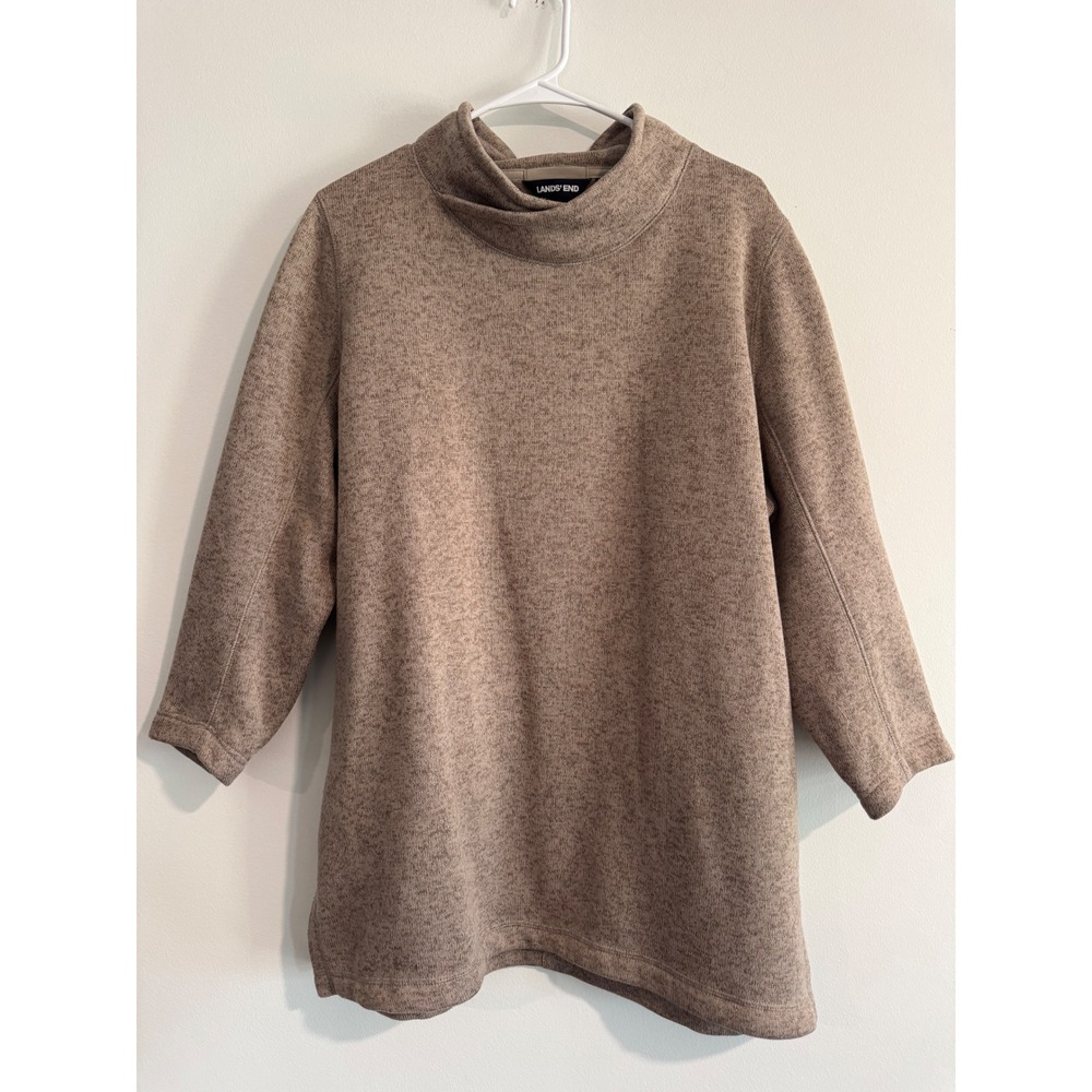 Lands End Mock Neck Fleece Tunic Womens XL/P Tan Heathered Side Vent